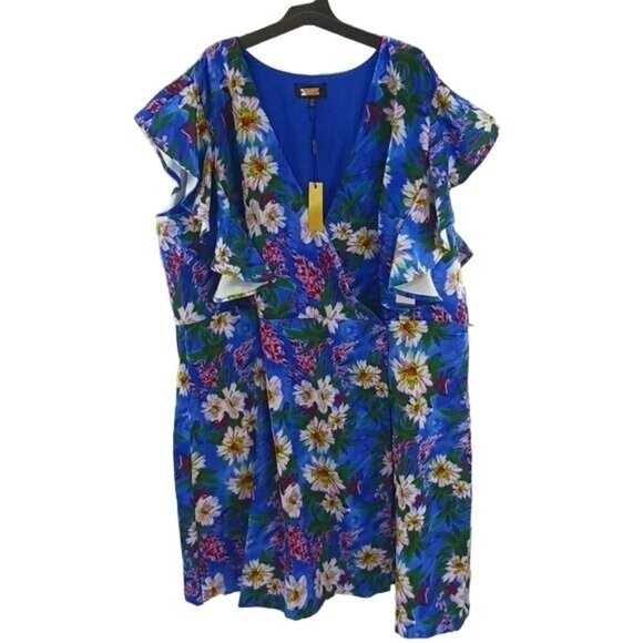 Alexia Admor Womens 3XL Blue Floral V Neck Ruffle Sleeve Wrap Dress Plus Size - Picture 1 of 8